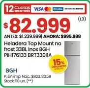 BGH - Heladera Top Mount no frost 338L Inox PIH176133 BRT33011A