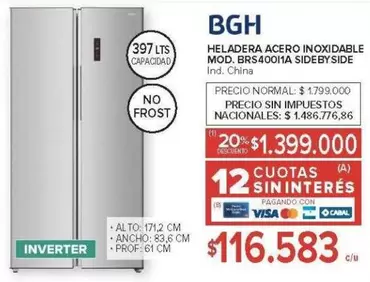 BGH - HELADERA ACERO INOXIDABLE MOD. BRS40011A SIDE BY SIDE