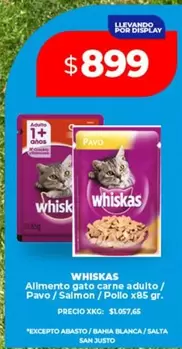 Whiskas - Alimento gato carne adulto/ Pavo/Salmon/Pollo x85 gr.