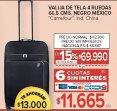 Carrefour - VALIJA DE TELA 4 RUEDAS 66,5 CMS. NEGRO MÉXICO