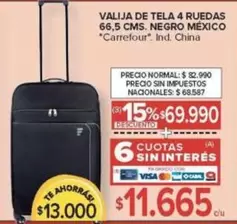 Carrefour - VALIJA DE TELA 4 RUEDAS 66,5 CMS. NEGRO MÉXICO