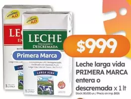 Primera marca - Leche larga vida entera o descremada