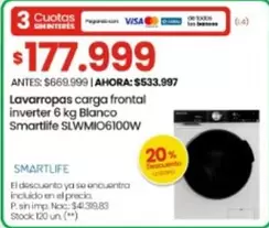 Smartlife - Lavarropas carga frontal inverter 6 kg Blanco SLWMIO6100W
