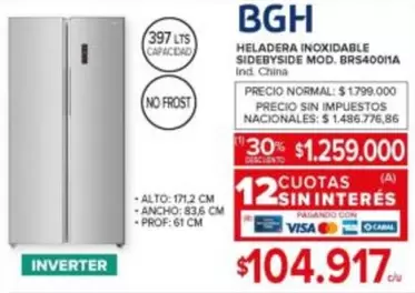 BGH - HELADERA INOXIDABLE SIDEBYSIDE MOD. BRS400/1A