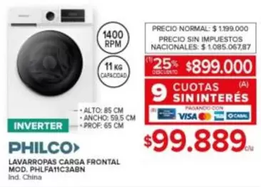 Philco - LAVARROPAS CARGA FRONTAL MOD. PHLFA11C3ABN