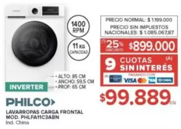 Philco - LAVARROPAS CARGA FRONTAL MOD. PHLFA11C3ABN
