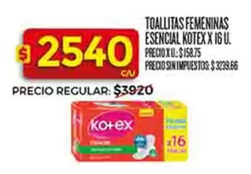 Kotex - TOALLITAS FEMENINAS ESENCIAL X 16 U.