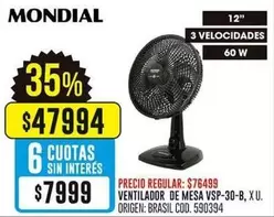 Mondial - VENTILADOR DE MESA VSP-30-B, XU