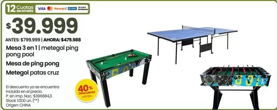 Origen - Mesa 3 en 1 metegol ping pong pool, Mesa de ping pong, Metegol patas cruz