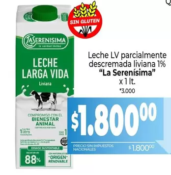 La Serenísima - Leche LV parcialmente descremada liviana 1%