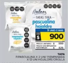 Mas - P/PASCUALINA X 2 UNI/P/EMPANADA X 12 UNI HOJALDRE/CRIOLLA