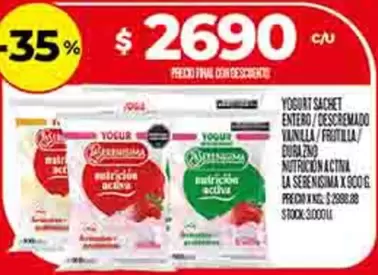 YOGURT SACHET ENTERO / DESCREMADO VANILLA / FRUTILLA / DURAZNO