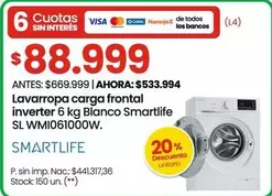 Smartlife - Lavarropa carga frontal inverter 6 kg Blanco SL WM1061000W