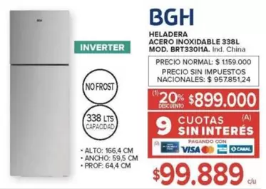 BGH - HELADERA ACERO INOXIDABLE 338L MOD. BRT33011A