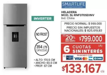 Smartlife - HELADERA MOD. SL-RNF370SDINV