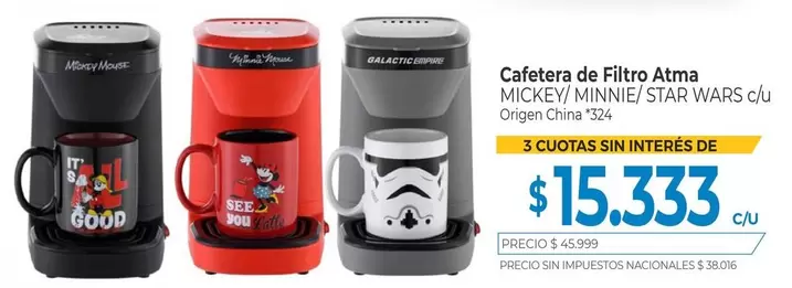 Atma - Cafetera de Filtro MICKEY/ MINNIE/ STAR WARS c/u