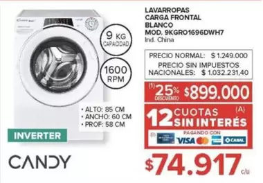Candy - LAVARROPAS CARGA FRONTAL BLANCO MOD. 9KG