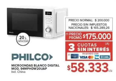 Philco - MICROONDAS BLANCO DIGITAL MOD. 94MPHDW20UAP