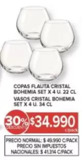 Cristal - COPAS FLAUTA CRISTAL BOHEMIA SET X 4 U. 22 CL, VASOS CRISTAL BOHEMIA SET X 4 U. 34 CL