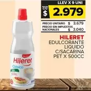 Hileret - EDULCORANTE LIQUIDO C/SACARINA PET X 500CC