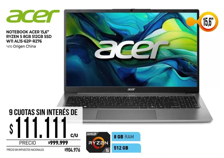 Acer - NOTEBOOK 15,6" RYZEN 5 BGB 512GB SSD WII AL15-62P-R276
