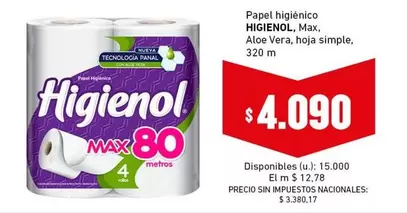 Higienol - Max, Aloe Vera, hoja simple, 320 m