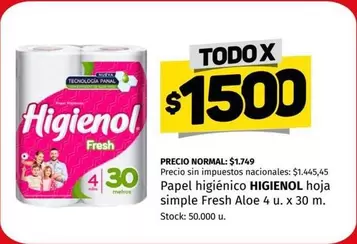 Higienol - Papel higiénico hoja simple Fresh Aloe