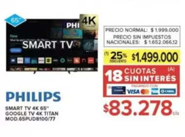 Philips - SMART TV 4K 65" GOOGLE TV 4K TITAN MOD.65PUD8100/77