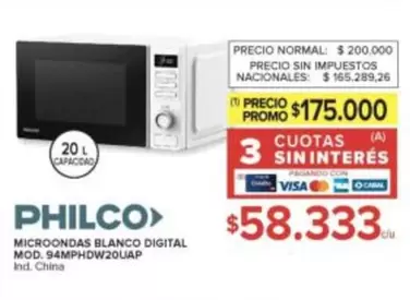Philco - MICROONDAS BLANCO DIGITAL MOD. 94MPHDW20UAP