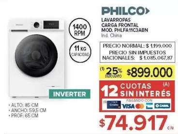 Philco - LAVARROPAS CARGA FRONTAL MOD. PHLFA11C3ABN