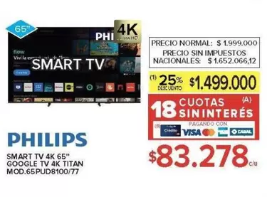 Philips - SMART TV 4K 65" GOOGLE TV 4K TITAN MOD.65PUD8100/77