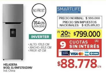 Smartlife - HELADERA MOD. SL-RNF370SDINV