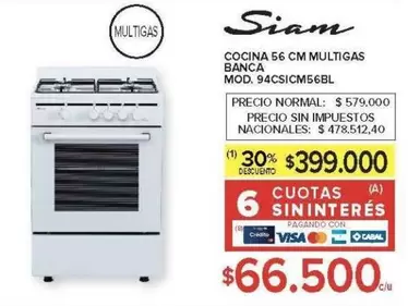 Siam - COCINA 56 CM MULTIGAS BANCA MOD. 94CSICM56BL