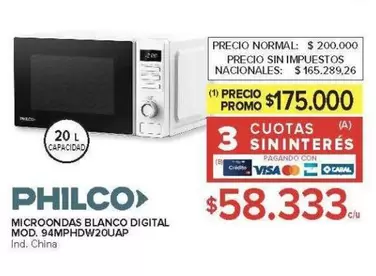 Philco - MICROONDAS BLANCO DIGITAL MOD. 94MPHDW20UAP