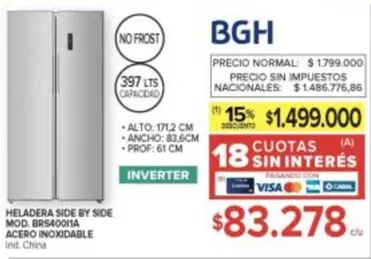 BGH - HELADERA SIDE BY SIDE MOD. BRS40011A ACERO INOXIDABLE