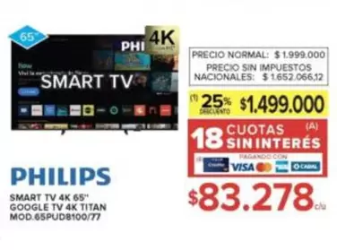 Philips - SMART TV 4K 65" GOOGLE TV 4K TITAN MOD.65PUD8100/77