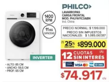 Philco - LAVARROPAS CARGA FRONTAL MOD. PHLFA11C3ABN