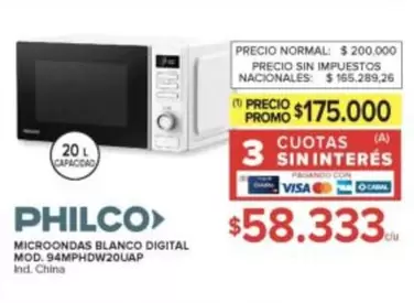 Philco - MICROONDAS BLANCO DIGITAL MOD. 94MPHDW20UAP