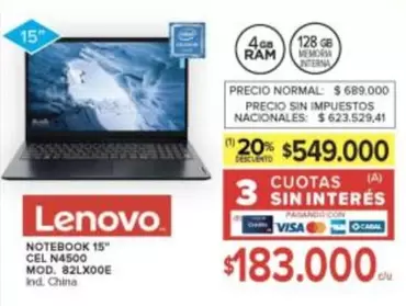 Lenovo - NOTEBOOK 15" CEL N4500 MOD. 82LXOOE
