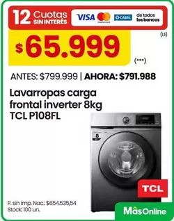 TCL - Lavarropas carga frontal inverter 8kg P108FL