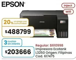 Epson - Impresora Ecotank L3250 Origen: Filipinas Cod. 617475