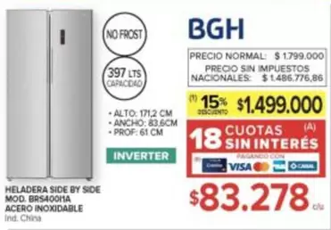 BGH - HELADERA SIDE BY SIDE MOD. BRS40011A ACERO INOXIDABLE