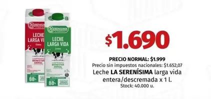La Serenísima - larga vida entera/descremada x 1 l