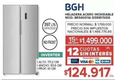 BGH - HELADERA ACERO INOXIDABLE MOD. BRS40011A SIDEBYSIDE