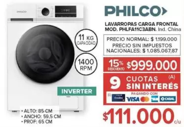 Philco - LAVARROPAS CARGA FRONTAL PHLFA11C3ABN