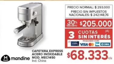 Mandine - CAFETERA EXPRESS ACERO INOXIDABLE MOD. MEC1450