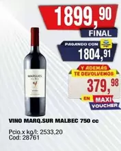 Malbec - VINO MARQ.SUR MALBEC 750 cc