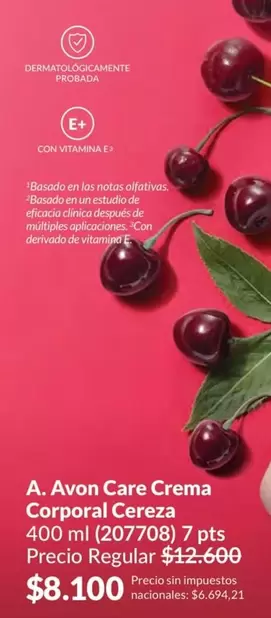 Avon - A.  Care Crema Corporal Cereza 400 ml (207708) 7 pts