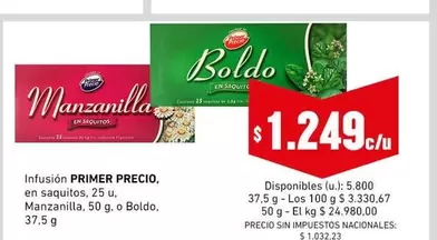 Primer Precio - Infusión Manzanilla o Boldo