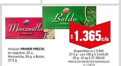 Primer Precio - Infusión Manzanilla o Boldo